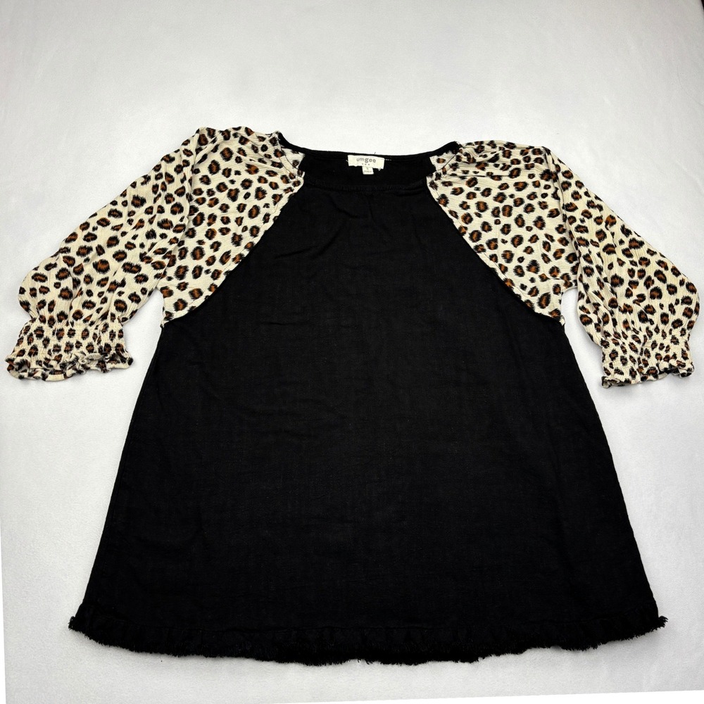 Umgee Top Womens Small Black Leopard Raglan Sleeve Linen Blend Frayed Tunic S
